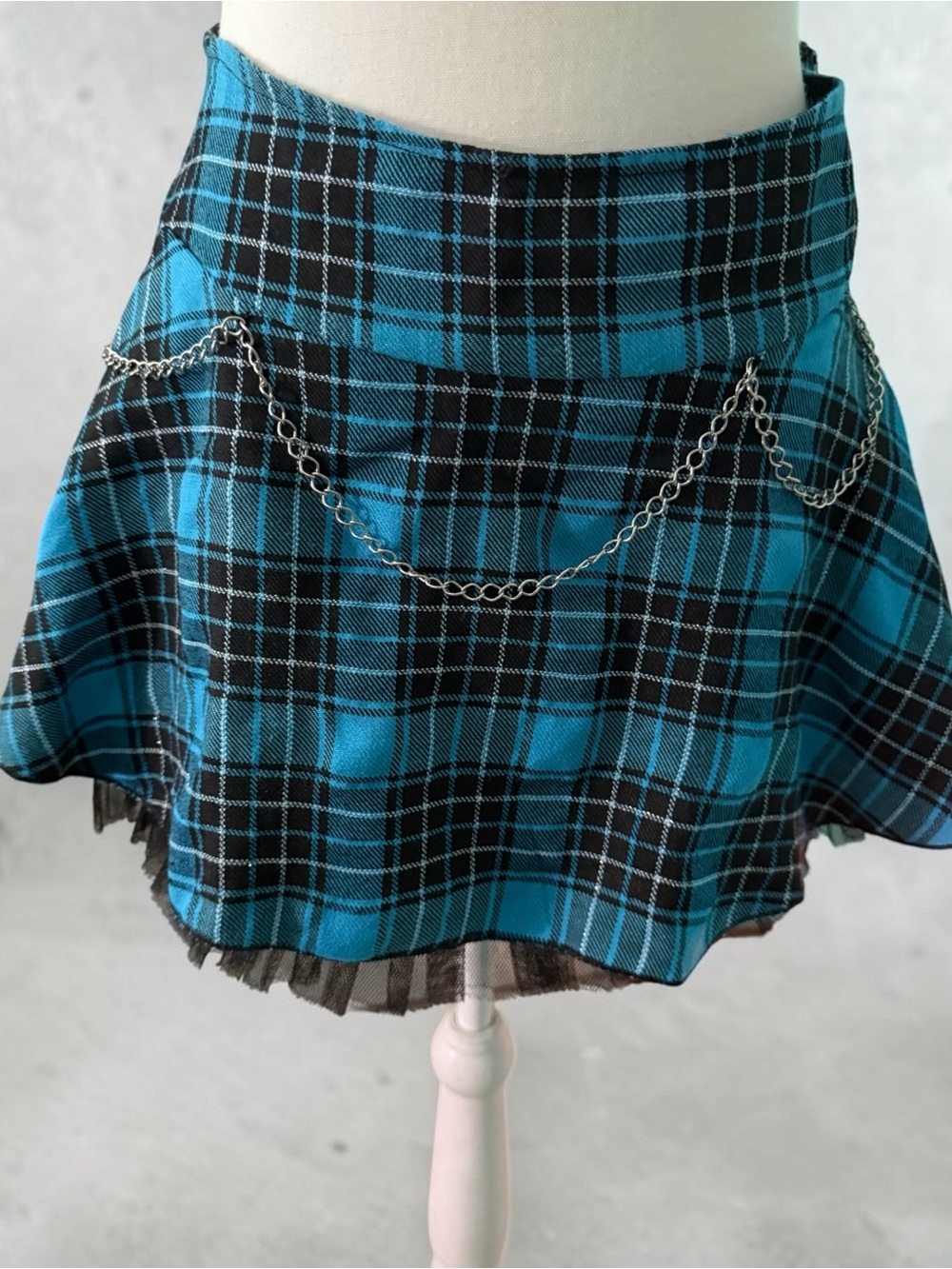 Vintage Y2K Lip Service Turquoise and Black Plaid Mini Skirt with Silver Chain L